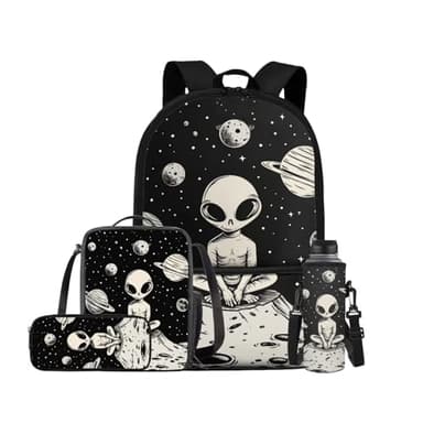 ELEDIZI Space Alien Backpack Set with Lunch Box, Water Bottle Pouch, and Pencil Case for Boys & Girls, 17" Large School Bag