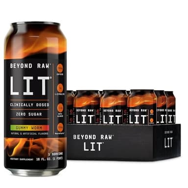 BEYOND RAW LIT On The Go | Ready to Drink Cans | Contains Caffeine, L-Citrulline, Beta-Alanine, and Nitric Oxide | Gummy Worm | 12 Count