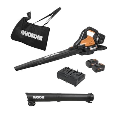 WORX Cordless Leaf Blower, 3 in 1 Blowers for Lawn Care with Leaf Vacuum & Leaf Mulcher, Electric Blower with Brushless Motor & 2 Speed Control, 2 × 4.0 Ah Batteries & Charger Included, WG583