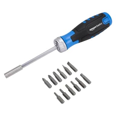 Amazon Basics 12-in-1 Ratcheting Magnetic Screwdriver Set with Bit Storage in Handle, Portable Repair Tool Kit, Security Torx, Phillips, Flat, Hex, Torx, Black, Blue, Silver