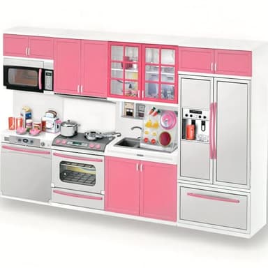 Doll Kitchen Playset for Kids, My Modern Mini Kitchen House Furniture Pretend Play Toy Accessories Set with Realistic Lights & Sounds for Toddlers, Girls (4-in-1)