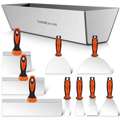THINKWORK Drywall Knife Set, 10Pcs Drywall Tools Include Stainless Steel Putty Knife Set, Taping Knives, Painter Scraper, 14" Mud Pan and Scoop, Spackle Tool Kit for Joint Taping, Finishing, Patching