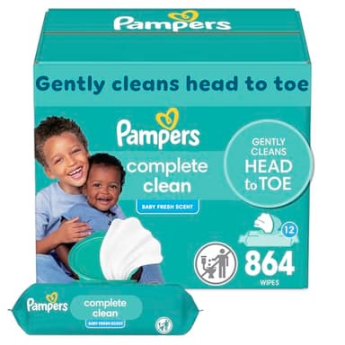 Pampers Baby Wipes, Complete Clean Baby Fresh Scented Wipe, Gently Cleans Head to Toe, 864 Total (12 Flip-Top Packs)