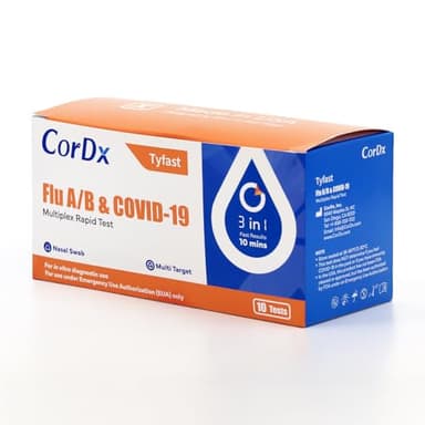 CorDx Tyfast at Home Flu A/B and COVID 19 Rapid Test Kit, Easy, Accurate, Fast Results in 10 Minutes, (10-Pack)