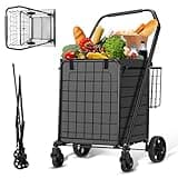 HABUTWAY Grocery Cart on Wheels for Groceries, Folding Shopping Carts with Liner, 110LBS Large Capacity Jumbo Grocery Cart with Dual Basket, 360° Rolling Laundry Cart, Lightweight Trolley for Senior