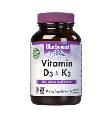 Bluebonnet Nutrition Vitamin D3 & K2, Soy-Free, for Strong-Healthy Bones*, Gluten-Free, Non-GMO, Dairy-Free, Kosher Certified, Vegetarian, 60 Vegetable Capsules, 60 Servings