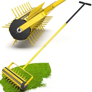 JILLSKY Upgraded 20 Inch Lawn Aerator Tool – Manual Rolling Lawn Core Aerator with 2.4” Steel Spikes, Welded Spike Strip & T-Handle – Yard Soil Aeration for Grass, Garden, Lawn Care