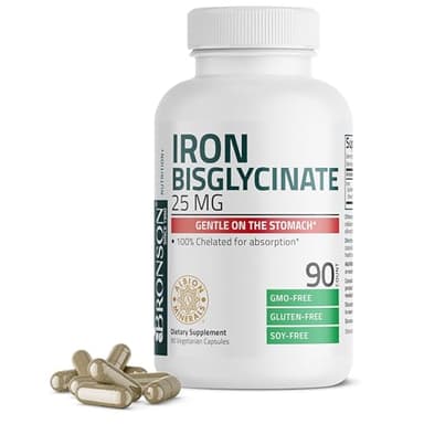 Bronson Iron Bisglycinate 25 mg Gentle on The Stomach, Supports Energy & Healthy Red Blood Cell Production - Non-Constipating Formula - Non GMO, 90 Vegetarian Capsules