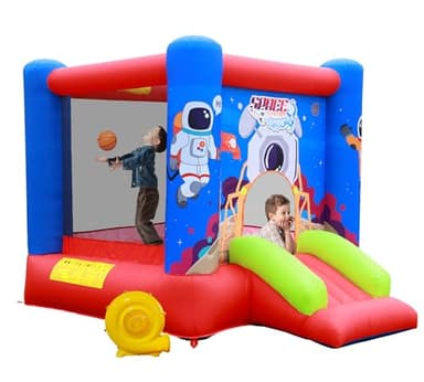 WELLFUNTIME Inflatable Bounce House Jumping Castle Slide with Blower, Kids Bouncer with Basketball Rim, 110x82.5x72.8 Inch Bouncy Castle