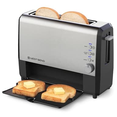 West Bend QuikServe Toaster, 2-Slice Wide-Slot Slide-Through Bread Toaster with Bagel and Gluten-Free Settings and Cool-Touch Exterior Fast Toasting, Includes Removable Serving Tray,1400-Watts, Silver