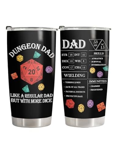 34HD Dungeon Dad Tumbler 20oz with Lid, DND Daddy Insulated Travel Coffee Mug, Funny RPG Dragons Dice Father's Day Gift - Birthday Present to Men, Papa and Husband