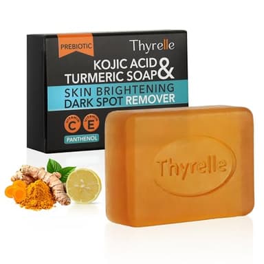 Thyrelle Kojic Acid and Turmeric Soap (3.5 oz) I Kojic Acid Soap for Body and Face I Turmeric soap bar with Panthenol, Vitamin C, Vitamin E and Prebiotics
