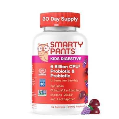 SmartyPants Kids Probiotic & Prebiotic Gummies for Digestive Health: Gut Health Supplement, Clinically Studied Prebiotic for Immune Support, Grape, 60 Count (30 Day Supply)