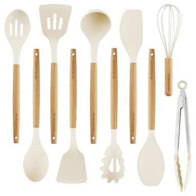 Silicone 10 Pcs Kitchen Cooking Utensils Set, Recycled Materials Certification, BPA Free Spatula Set with Heat Resistant Wood Handles for Nonstick Cookware, Cream White