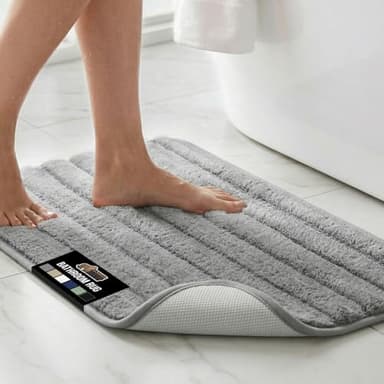 GORILLA GRIP Textured Backing Bathroom Rugs, Soft Memory Foam Absorbent Striped Bath Mats, Machine Washable & Fade Resistant, Bathmat Accessories for Floor, Home Decor Shower Essentials, Grey 40x24