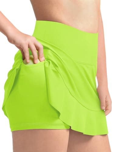 Haloumoning Girls Athletic Tennis Golf Skirts with Shorts Kids High Waist Ruffle A-line Skorts with Pockets 5-14 Years Neon Green