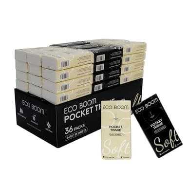 ECO BOOM Soft Pocket Tissues, Travel Size, 3-Ply, Hypoallergenic, 36 Packs, Eco-Friendly Facial Tissues for Car, Purse, and School