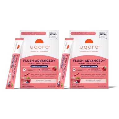 Uqora Flush Advanced+ - Helps Reduce Risk of Recurrent UTI** - with Cranberry, D-Mannose, Vitamin C, Vitamin B6 & Potassium - Gluten-Free & Vegan - Triple Berry Flavor - 20 Packets (2 Pack)