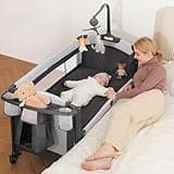 ELEMARA 4 in 1 Wide Baby Bassinet Bedside with Diaper Changer,Long Next to Bed Crib with Mattress,Sheet,Music and Blackout Cover,Playpen Travel Bed with Storage,XL Co Sleeper with 3 Adjustable Height