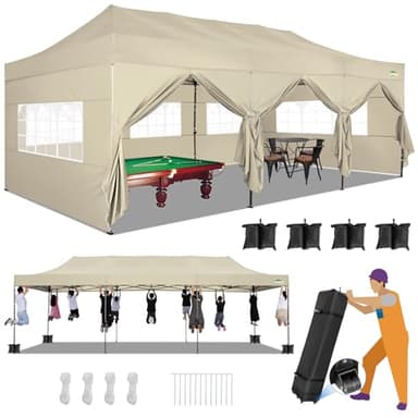 COBIZI 10x30 Heavy Duty Pop up Canopy with 8 sidewalls Stable Wedding Outdoor Tents for Parties Canopy Pop Up Party Tent UPF 50+ Waterproof Commercial Gazebo with Roller Bag, Khaki(Windproof Upgraded)