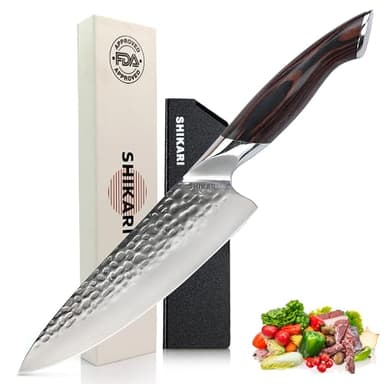 SHIKARI Chef Knife – 8 Inch Japanese Knife with Full Tang VG-10 Damascus Steel – Professional Chefs Knife with Ergonomic Pakkawood Handle – Razor Sharp Cutting Blade for Kitchen