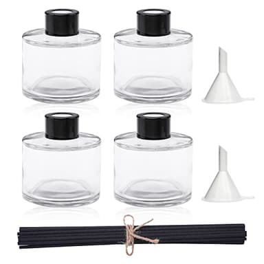 Agidea 4PCS Fragrance Glass Diffuser Bottles, Refillable Diffuser Bottles with 20pcs Reeds Sticks & Black Caps & Funnel, Diffuser Jars for Home Oil Fragrance Decoration Girl Women Gift (100ML)