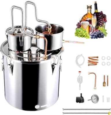 VEVOR Alcohol Still, 3 Gal / 11 L Stainless Steel Water Alcohol Distiller with Copper Coil for Fast Cooling, Dual Condenser Distiller Kit with Secondary Distillation, for Wine Whisky Brandy, Silver