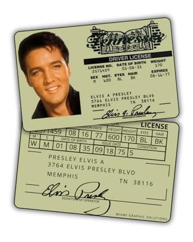 Miami Graphic Solutions Elvis Presley Driver License ID Funny Plastic ID Elvis Fans Complement for Costumes Double Sided Collectible Trading Card Novelty Gift