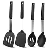 Beijiyi Silicone Cooking Spatulas and Spoons, 4 Pack Heat Resistant Silicone Cooking Utensils Set, Non Stick Kitchen Utensils Solid & Slotted Spatula and Spoon Set for Cooking, Black