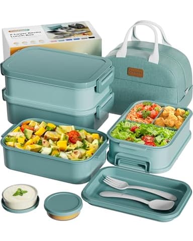 Adults Bento Box with Insulated Lunch Bag, 74oz Capacity 3 Stackable Leak-Proof Bento Box Built-In Utensil and Sauce, PFAS & BPA-Free, Microwave & Dishwasher Safe (Mint Green)
