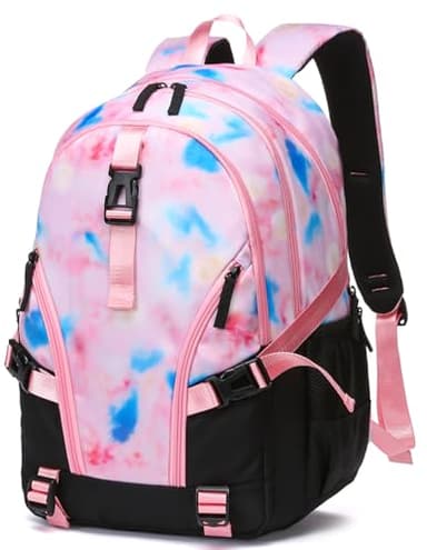 BLUEFAIRY High School Backpack for Girls Boys Middle School Bookbag for Kids Back to School Bag for College with Large Compartment Casual Daypack Mochilas para Niñas Adolescentes 18" Tie Dye Pink