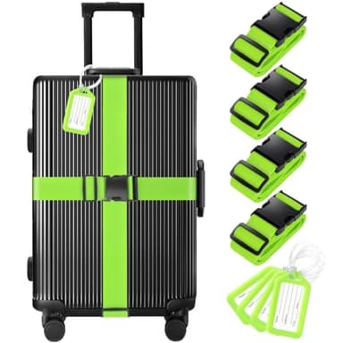 8 Pack Luggage Straps and Tags Set - 4 Straps, 4 Tags, TSA Approved Suitcase Belt, Green