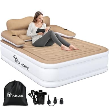 YITAHOME Queen Size Air Mattress with Headboard and Built-in Pump, 18in Blow Up Mattress with Carry Bag, Repair Kit, and Nozzles for Home, Camping, and Travel, Brown