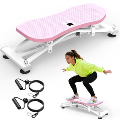 KINMAC Indoor Ski Simulator with Resistance Bands - Balance Board Home Gym Sliding Machine for Full-Body Cardio, Non-Slip Base, Core & Leg Workout Trainer-Pink