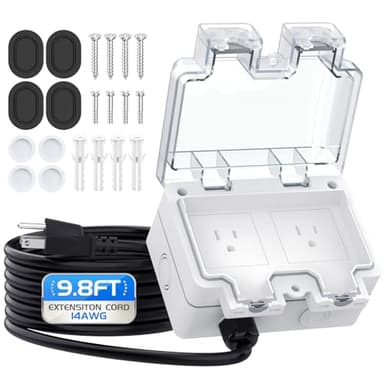 Outdoor Outlet Box with 9.8Ft Extension Cord, NEMA 5-15R,14 AWG Wire Double Socket,IP66 Waterproof Power Outlet Extender with Lockable Cover for Garden Yards Exterior Wall Power Socket