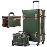 Vintage Luggage Set, Hardside Spinner Suitcase and Carry On Briefcase with Combination Lock, Large 20" Trunk, Small 12" Train Case, 12.5" Cosmetic Case, Army Green