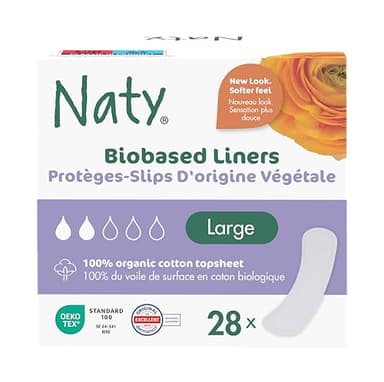 Naty Panty Liners Large | 100% Certified Organic Cotton Top Sheet | Skin-Safe | Unscented, 0% Conventional Plastic | Comfortable & Breathable | 28 Liners