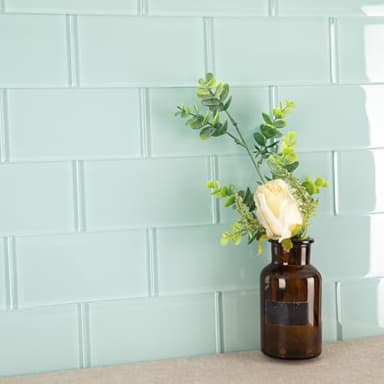 Diflart Soft Green Bluish Glass Subway Tile, 3x6 Inch, 4 Sq.Ft, Glass Backsplash Tile for Kitchen Shower Bathroom Wall, Pack-32 Pcs