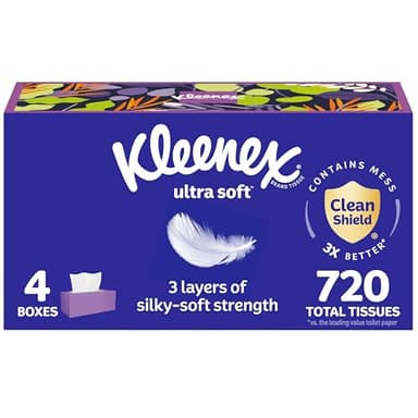 Kleenex Ultra Soft Facial Tissues, 4 Flat Boxes, 180 Tissues per Box, 3-Ply, Packaging May Vary