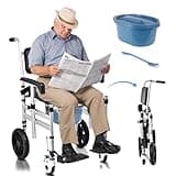 Shower Chair with Wheels 4 in 1 Folding Padded Bedside Commode Wheelchair Height Adjustable Detachable Bucket with Wheels Lifting Armrests Flip-up Footrest for Elderly Disabled (Black, A)