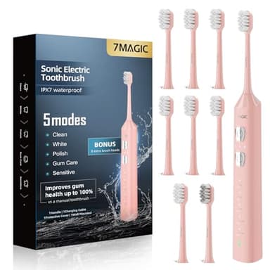 7MAGIC Sonic Electric Toothbrush for Adults and Kids - Up to 180 Days Runtime, 42000 VPM Powered Toothbrush, 5 Modes & 3 Intensities for Sensitive Teeth & Braces, Includes 8 Brush Heads, Pink