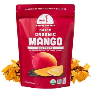 Mavuno Harvest Mango Dried Fruit Snacks | Unsweetened Organic Dried Mango Slices | Gluten Free Healthy Snacks for Kids and Adults | Vegan, Non GMO, Direct Trade | 1 Pound Resealable Bag