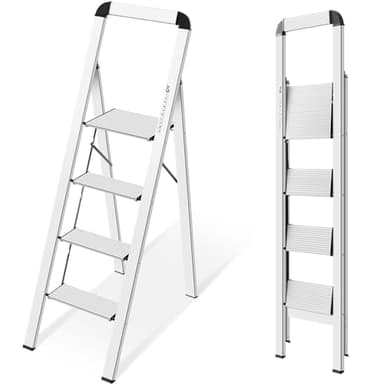 KINGRACK Aluminium 4 Step Ladder, Lightweight Step Stool with Non-Slip Pedals, Handrail, Foldable Step Ladder for Kitchen, Garage, Home, Space Saving, Sturdy and Portable, Silver