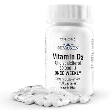 Nivagen Vitamin D3 50,000 IU (1250 mcg) | Once Weekly Dose | 100 Capsules (100 Weeks, Approx. 2 Years Supply) | Easy to Swallow | Bone, Muscle & Immune Support | Non-GMO, Gluten Free | Made in USA