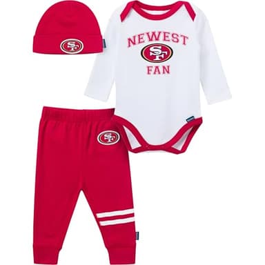 Gerber NFL Team Baby Boys' 3-Piece Onesie Bodysuit, Active Pant and Cap Set, 49Ers, 3-6 Months