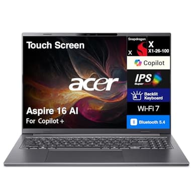 Acer Aspire 16 AI Copilot + Laptop 16" Touchscreen IPS WUXGA Display (Qualcomm Snapdragon X X1-26-100, 16GB LPDDR5X, 1TB PCIe SSD, Qualcomm Adreno, Backlit KB, WiFi 7 + BT 5.4, 1440p Webcam, Win11Pro)