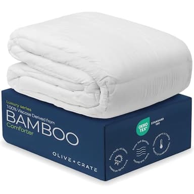 Olive + Crate Cooling Down Alternative Comforter - Hypoallergenic Queen Size Duvet Insert Lightweight - All Seasons Plush Design Bamboo Comforter - 100% Bamboo Viscose Outer Cover - White 88"x90"