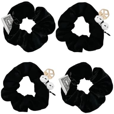Mocbovni Zipper Scrunchies, Pocket Scrunchie, SECRET & HIDDEN, Velvet Elastics Hair Ties, Compatible with Apple AirPods 3&2&1, Key Money Straw Toppers Little Things Storage Bag (Set A- 4 Packs Black)