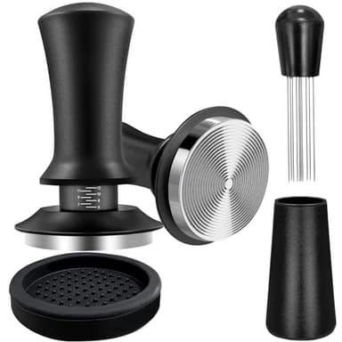 Coffee Espresso Tamper 51mm with WDT Tool Calibrated Spring Loaded, Coffee Tamper with Silicone Tamper Mat,Black Espresso Distribution Tool,Stainless Steel Base Tamper for Espresso Coffee Machine