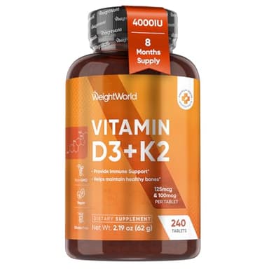 WeightWorld D3 Vitamin 4000 IU + K2 125mcg | Vitamin D3 K2 for Healthy Bones & Immune Support (8-Month Supply) | 240 Vegan D3K2 Tablets | Plant-Based VIT D3 & K2 (MK-7) | Gluten-Free, Non-GMO